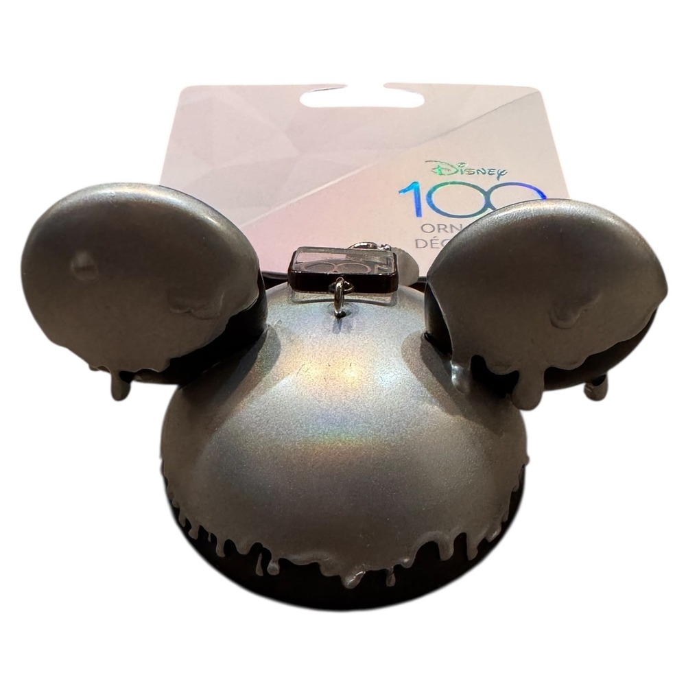 Disney 100 Years of Wonder Mickey Mouse Ears Ornament Premium Silver Drip Design